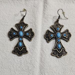 Vintage-Style Cross Earrings with Blue Stones